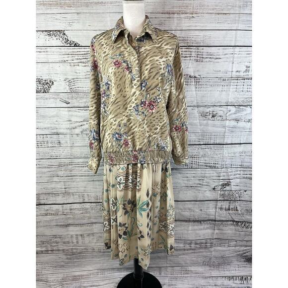 Alfred Dunner Mismatch 2pc Blouse Skirt Set size 8 Tan Floral Granny Core Modest - Picture 3 of 16